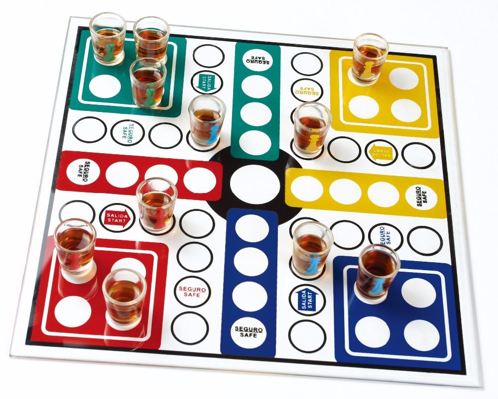 Ludo Drinking Game (Parcheesi) with 16 Shot Glasses, 2 Dice & Glass Game Board - Big