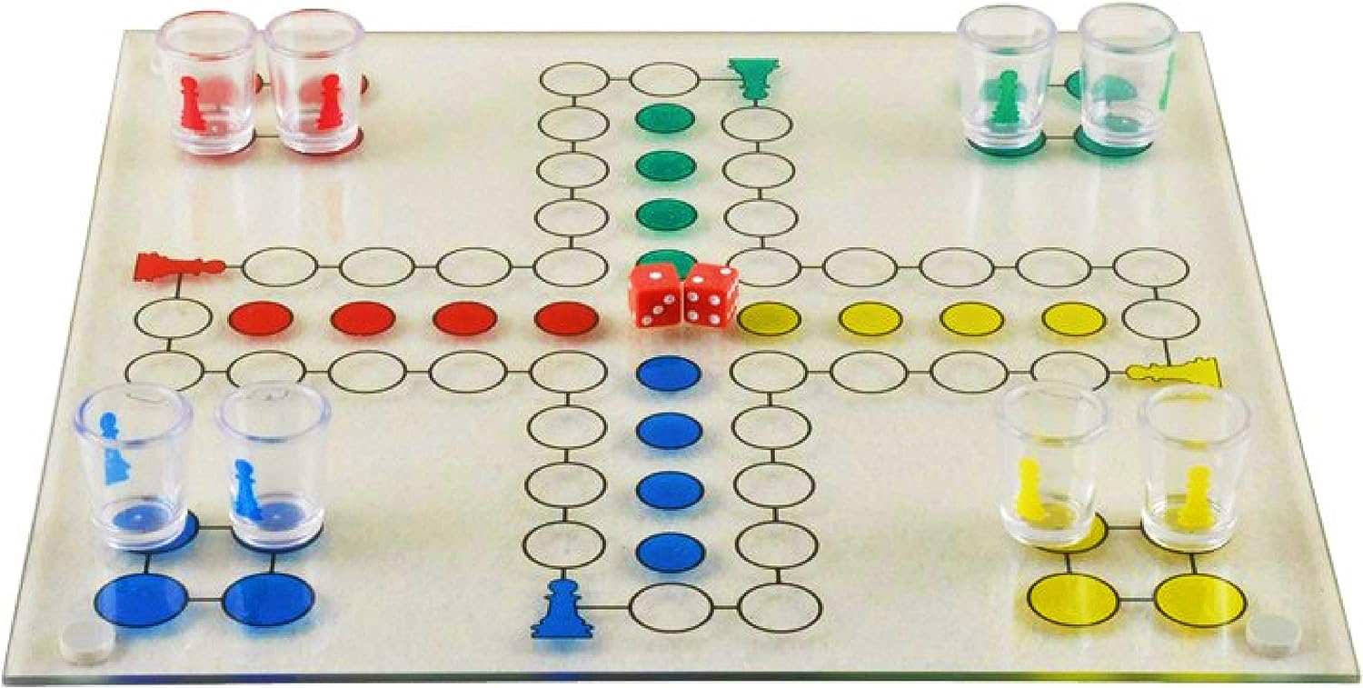 Ludo Drinking Game (Parcheesi) with 16 Shot Glasses, 2 Dice & Glass Game Board - Small