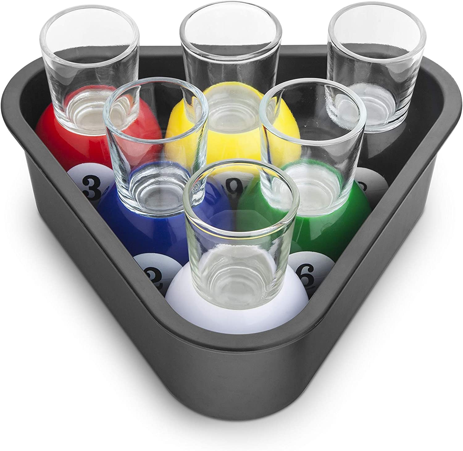 6 Pool Ball Shot Glasses with Triangle Rack Serving Tray