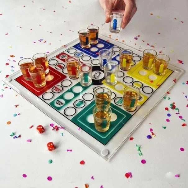 Ludo Drinking Game (Parcheesi) with 16 Shot Glasses, 2 Dice & Glass Game Board - Big